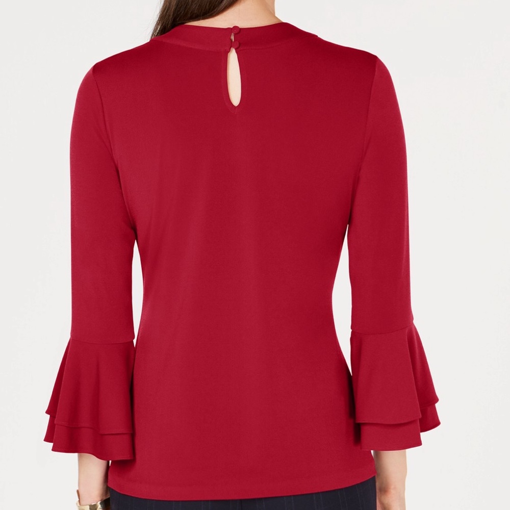 Red Keyhole Top with Ruffled Sleeves - Picture 2 of 7